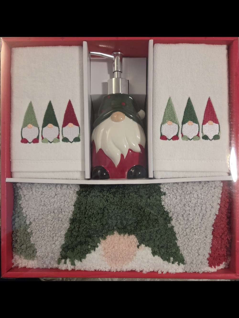 Holiday Gnome Bath Towel and Soap Dispenser Set - White, Green, Red